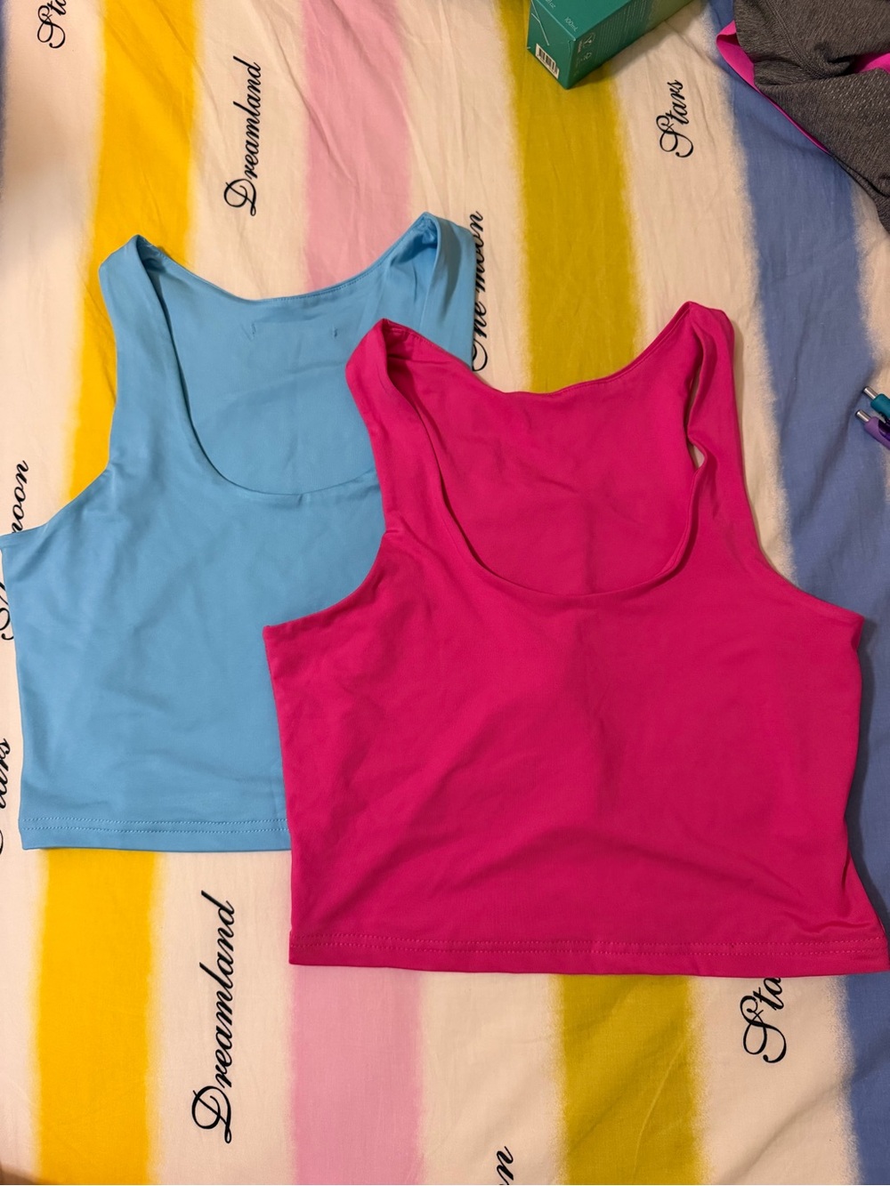 2 Women's Scoop Neck Crop Tank Tops - Pink and Blue Large